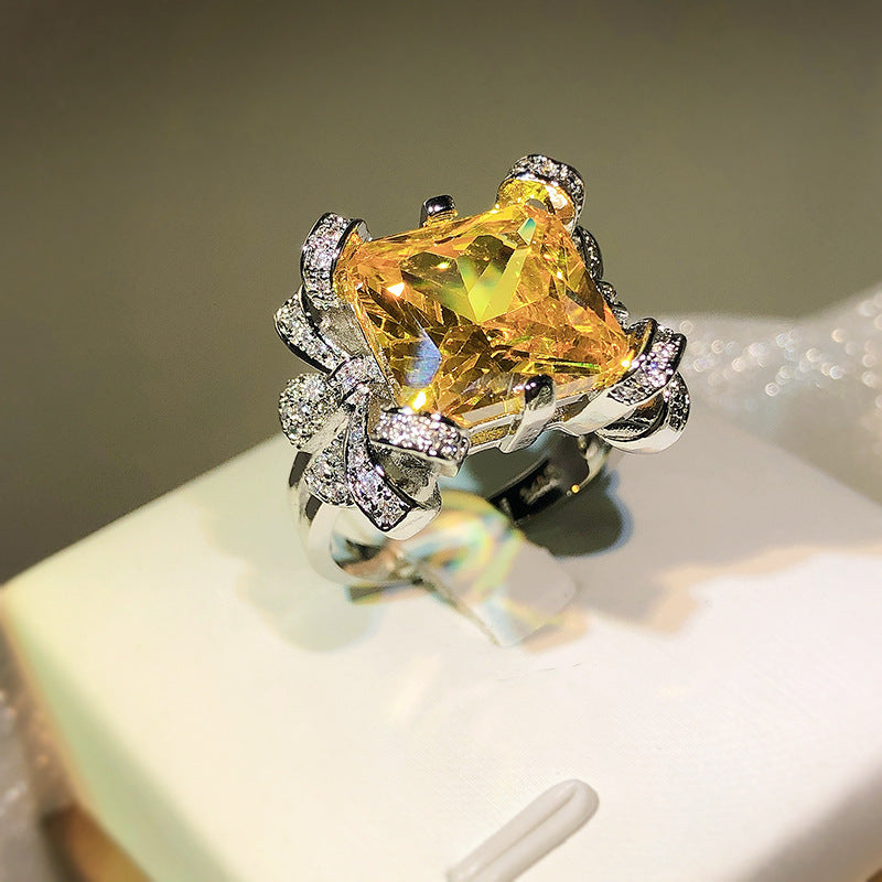 Women Open Ring Princess Square Diamond Ice Flower Cut Design Rhodium Plated Brass Adjustable Fit Jewelry Gift