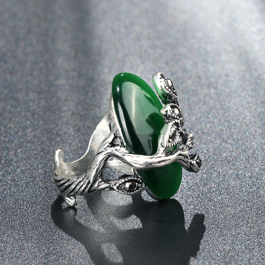 Women Opal Ring Antique Silver Green Flower Design Coating Alloy Jewelry Gift Birthday Celebration Lovely Gift