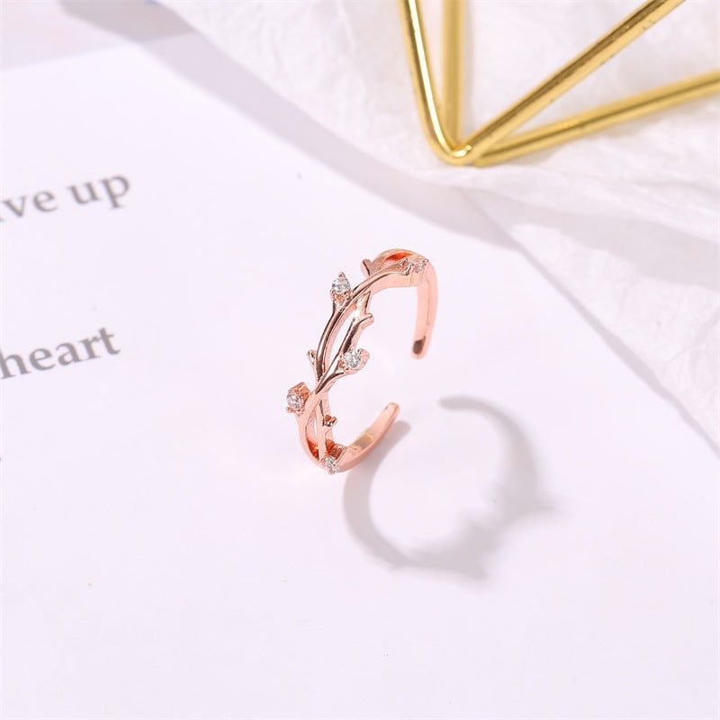 Electroplated Copper Ring With Natural Branch Design And Diamond Accents For Women And Girls Elegant Gift Idea
