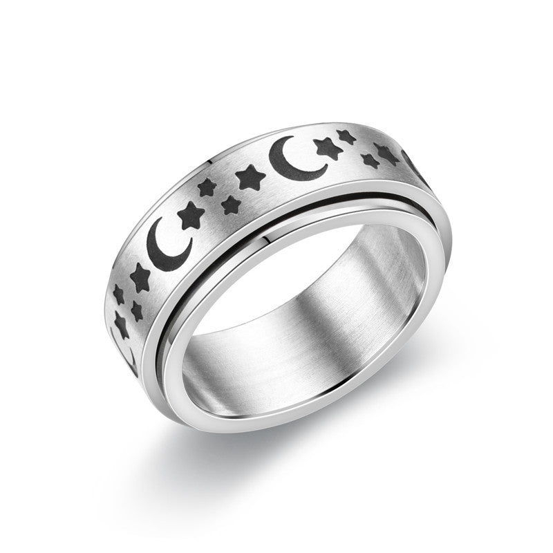Rotating U Shape Stainless Steel Ring With Moon Design And Lightning Accent Plus Cat Detail Geometric Elements