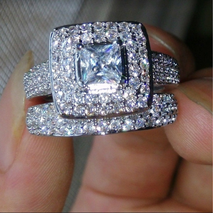 His And Hers Matching Ring Sets Elegant Alloy Metal Rings With Artificial Gemstones White Zircon Inlaid Wedding