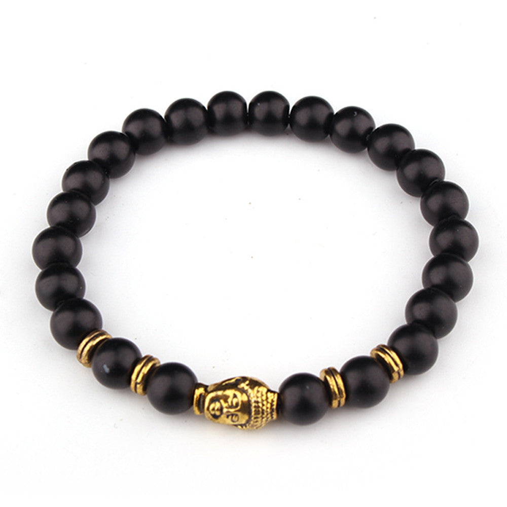 Unisex Matte Black 8mm Natural Stone Bracelet With Tiger Eye Beads And Double Buddha Head Accents Handmade Round