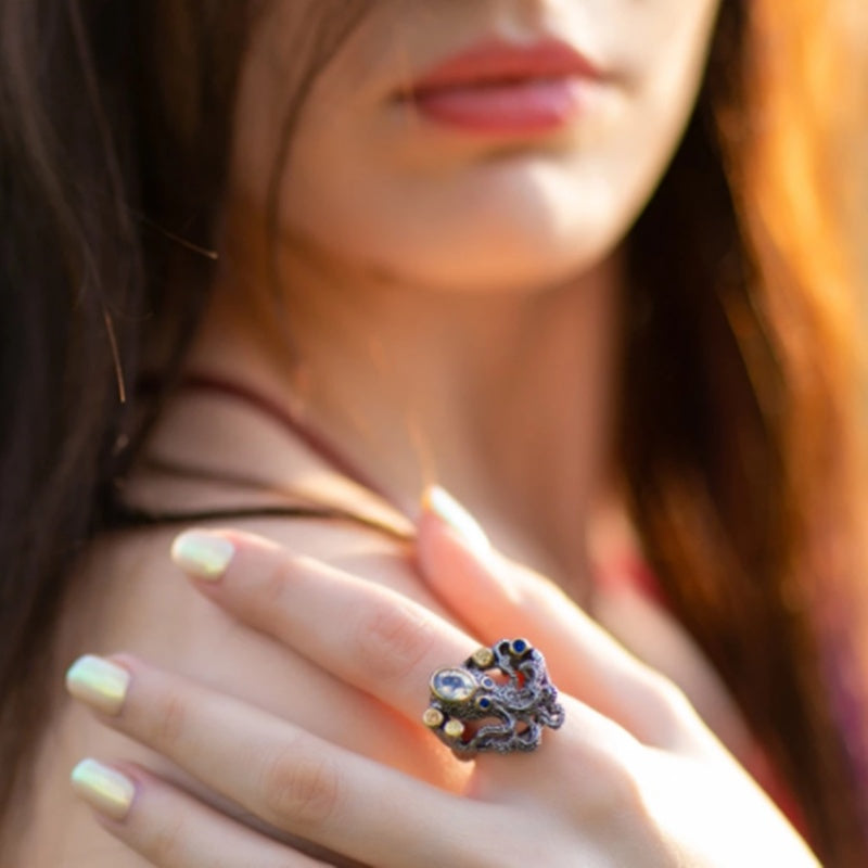 Octopus Ring Marine Life Jewelry Inlaid Gems Copper Silver