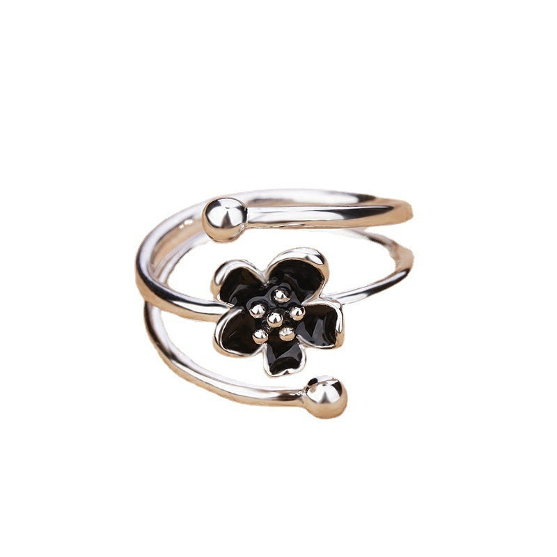 Womens Black Flower Ring Elegant Alloy Electroplated Jewelry Accessory Gift Simple Flower For Everyday Wear Now