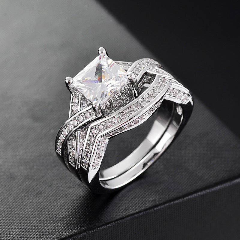 Geometric Zircon Ring Set Two Piece Copper Jewelry For Women Sparkling Elegant Accent Rings Lux Sparkle Finish