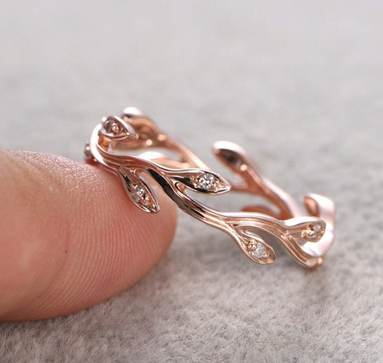 Copper Plated Rose Gold Zircon Ring With Vine Leaf Design