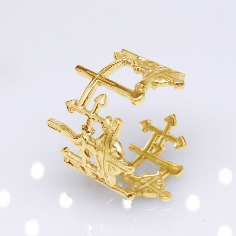 Geometrical Titanium Steel Adjustable Ring Electroplated Metal Jewelry Cross Love Redemption for Women Fashion