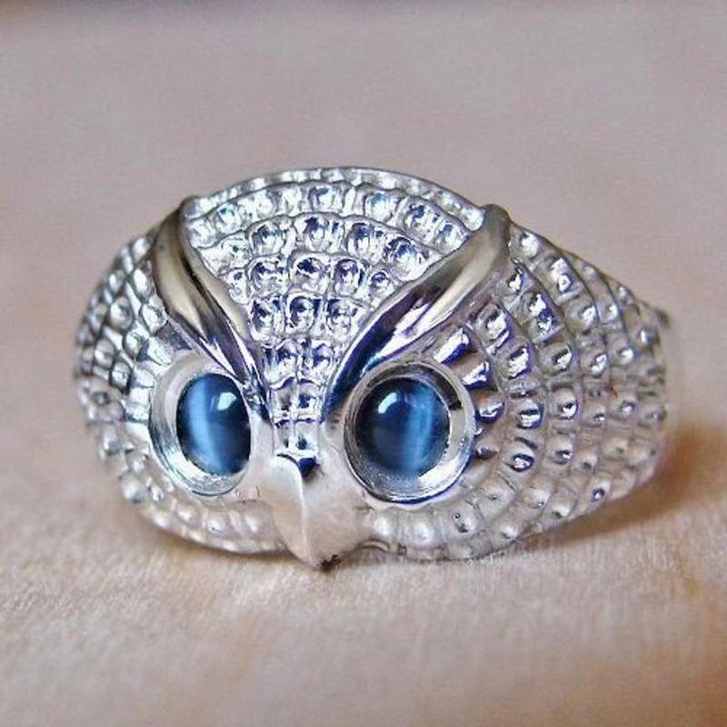 Vintage Owl Ring With Gemstone Adjustable Silver Jewelry Animal Zodiac Design Gift For Men Women Unisex Accessory