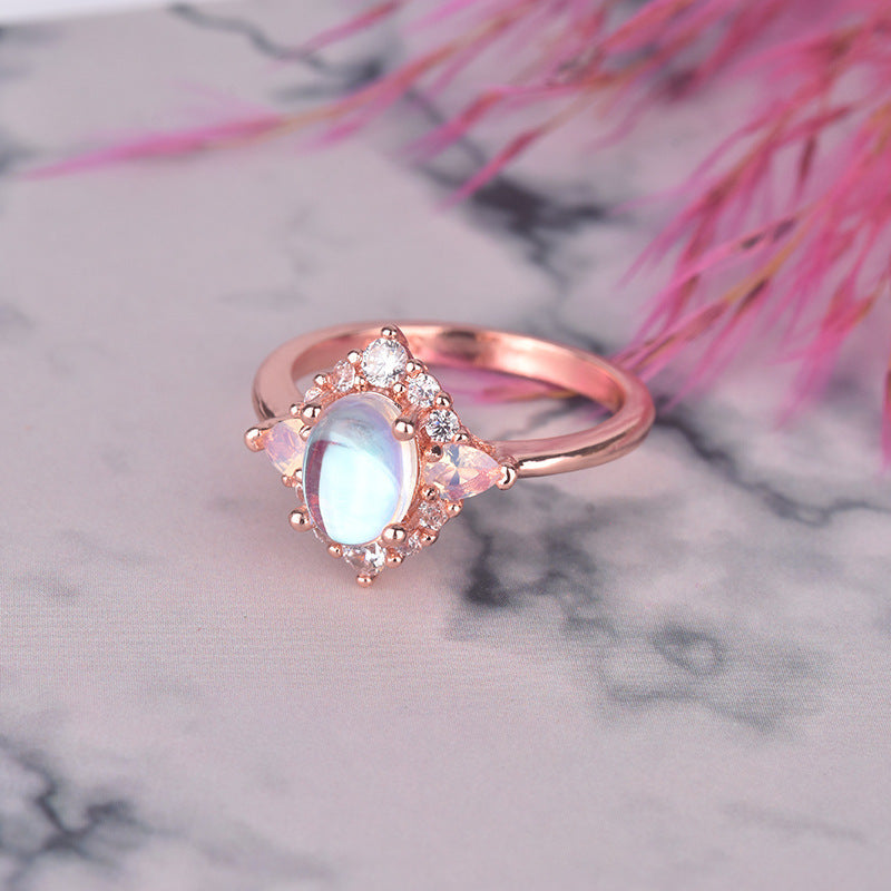 Moonstone Opal Inlaid Ring For Women Goose Egg Bronze Tone Elegant Fashion Jewelry Statement With Fine Craftsmanship