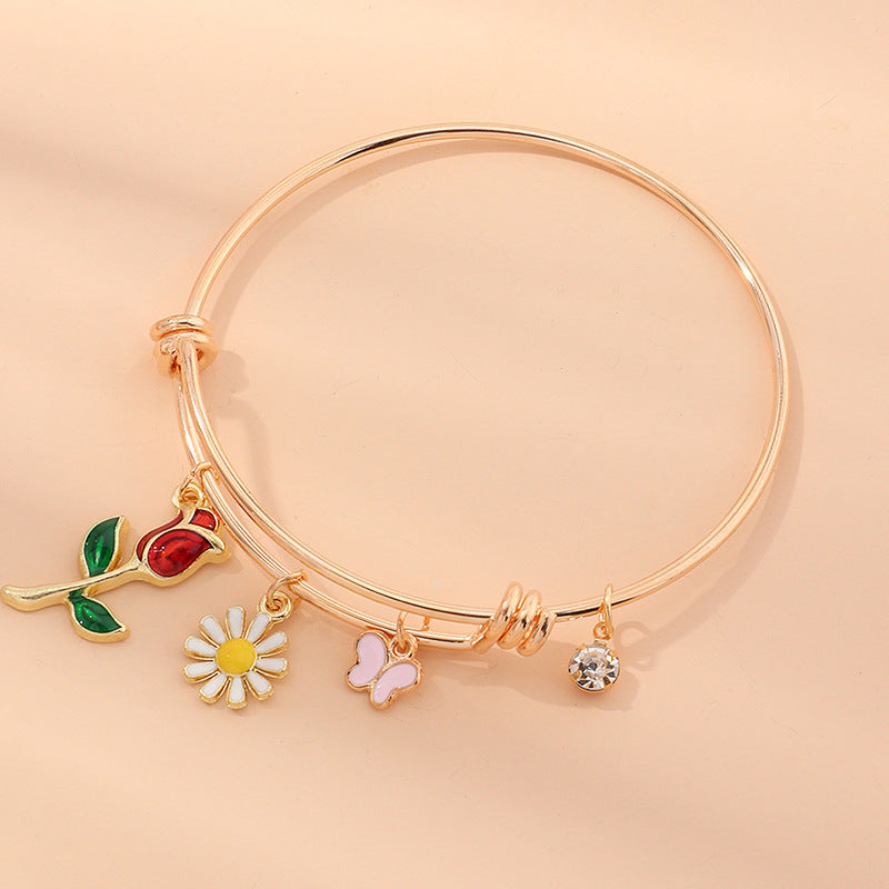 Womens Golden Floral Butterfly Pendant Bracelet Jewelry