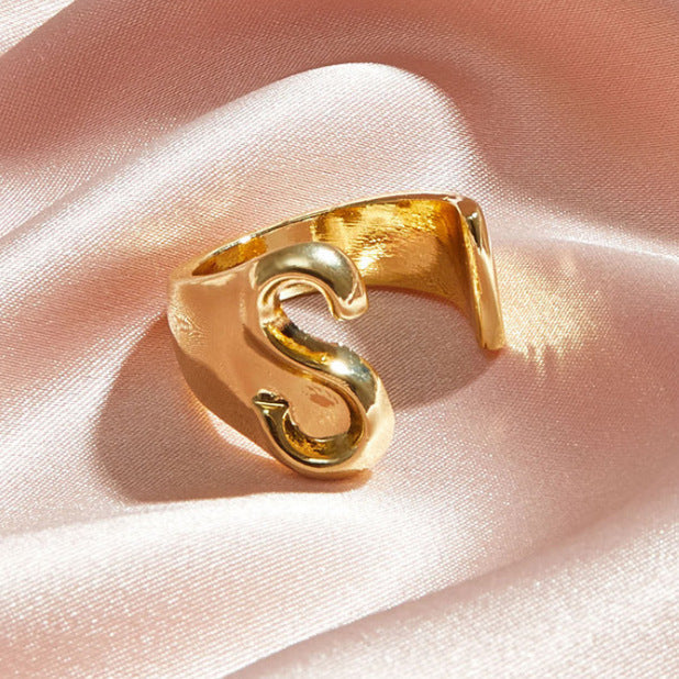 Gold Alloy Letter Ring For Women Initial Alphabet Ring Electroplated Simple Fashion Jewelry Gift For Daily Wear Style