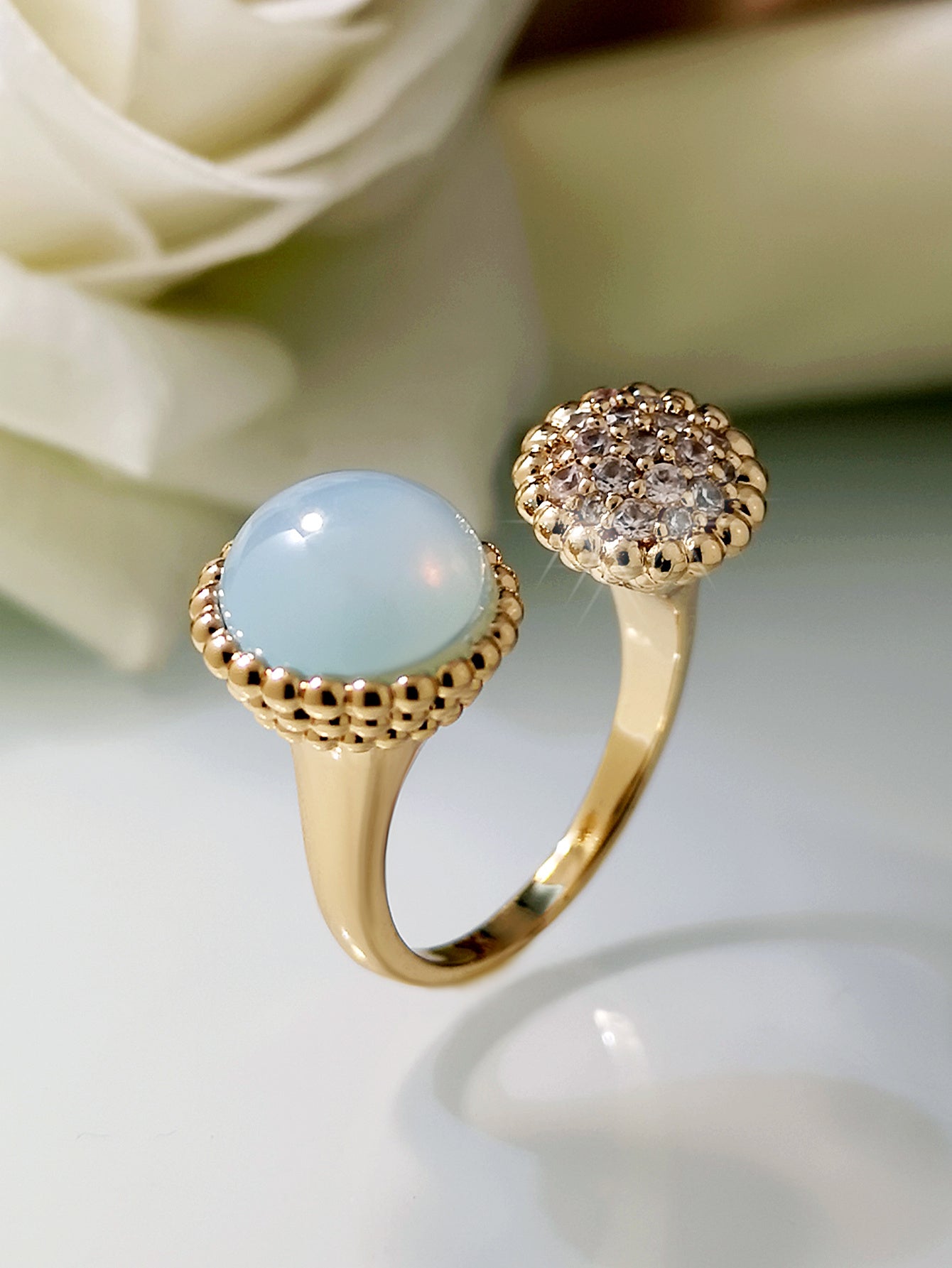 Rose Gold Geometric Ring Copper Zircon Accents Glass