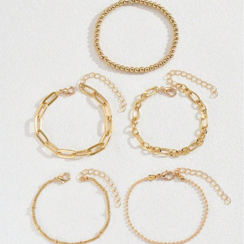 Womens Alloy Bracelet Set Multi Layer Bead Ball Chain And Cross Back Chain Fashion Jewelry 5 Piece Gold Tone Finish