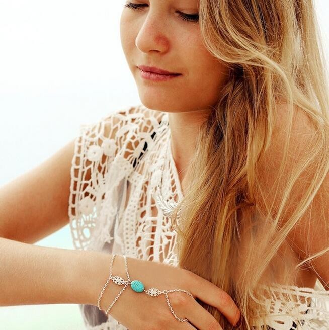 Turquoise Finger Bracelet Hollow Carved Alloy Gemstone Inlay Geometric Design Women Anniversary Gift Gift Idea