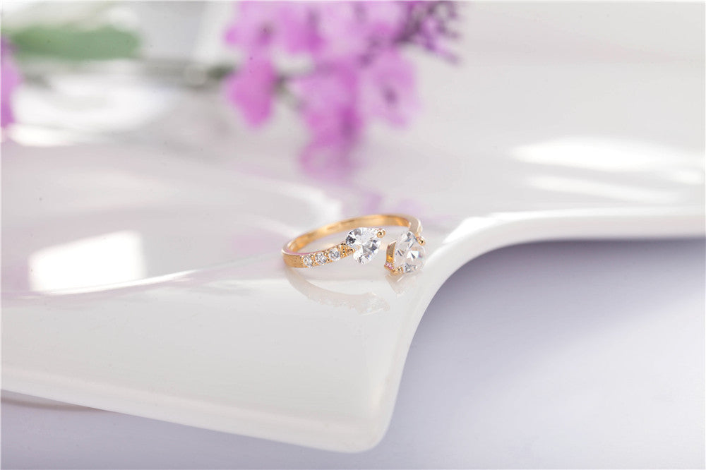 Womens Double Heart Open Ring Adjustable Copper Ring With Diamonds Lightweight Gold Color Jewelry For Everyday