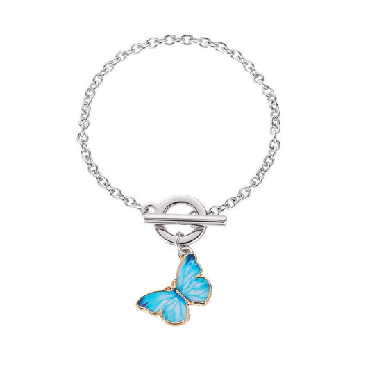 Womens Gold Plated Butterfly Pendant Bracelet European Geometric Design Alloy Bangle Dark Blue Light Blue Glow