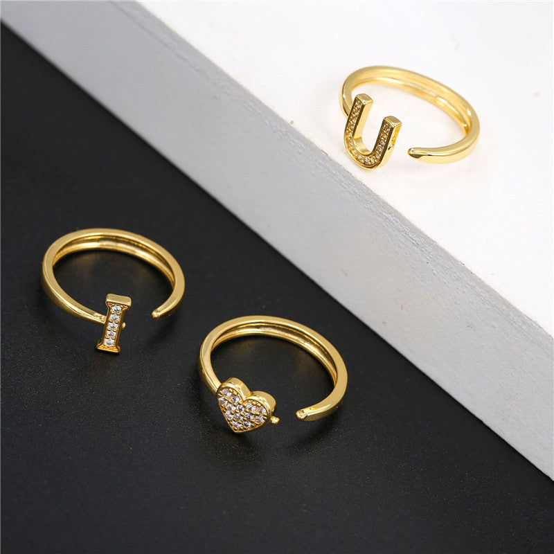 Womens Letter Ring 18K Gold Plated Copper Ring With Zircon Inlay Geometric Design Fashion Jewelry Elegant For Women
