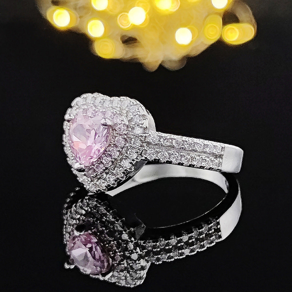 Pink Heart Ring Zircon Inlaid Copper Plated For Women