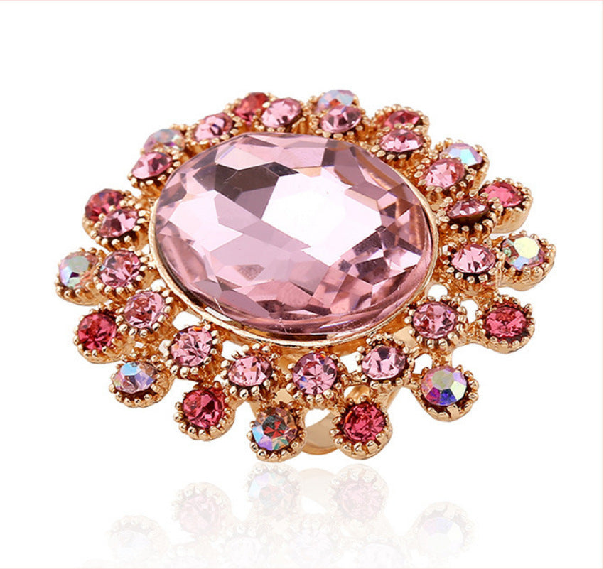 Womens Alloy Ring With Crystal Glass Diamond Like Gem Adjustable Band Elegant Ring For Couples Everyday Pink