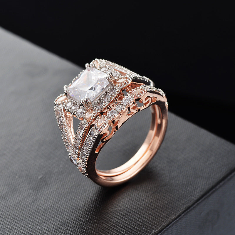 Two Piece Ring Set for Women Fashion Jewelry Copper Ring with AAA Zircon Stones Polished Surface Elegant Girls Everyday