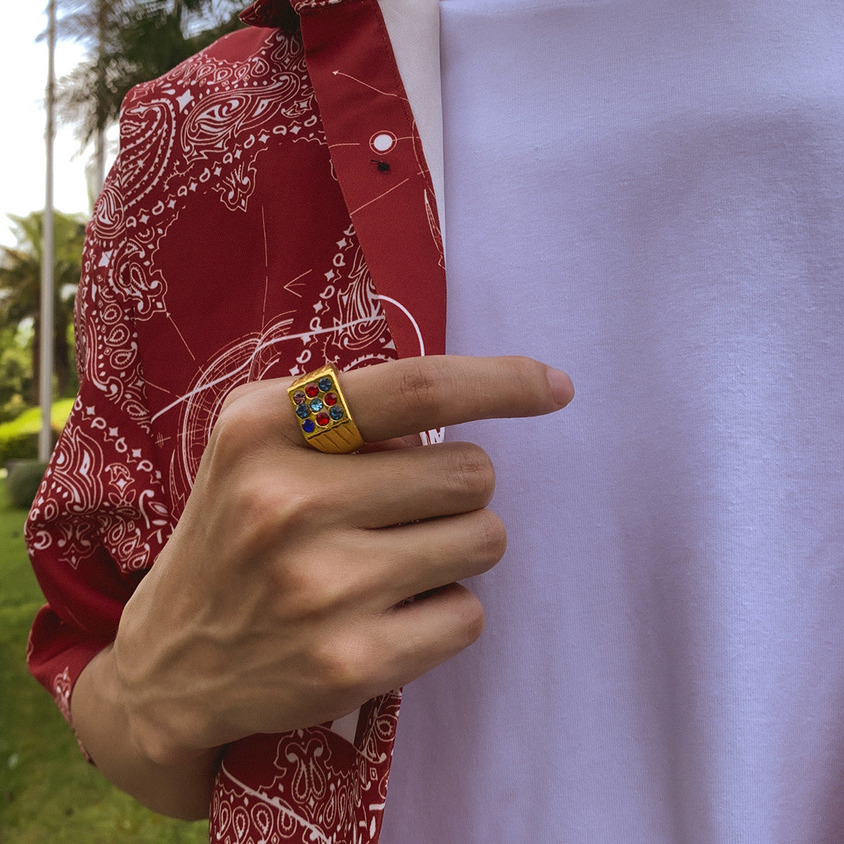 Men Gold Plated Ring Geometric Retro Alloy Jewelry With Rhinestone Inlay Fashion Accessory Gifts For Men Style