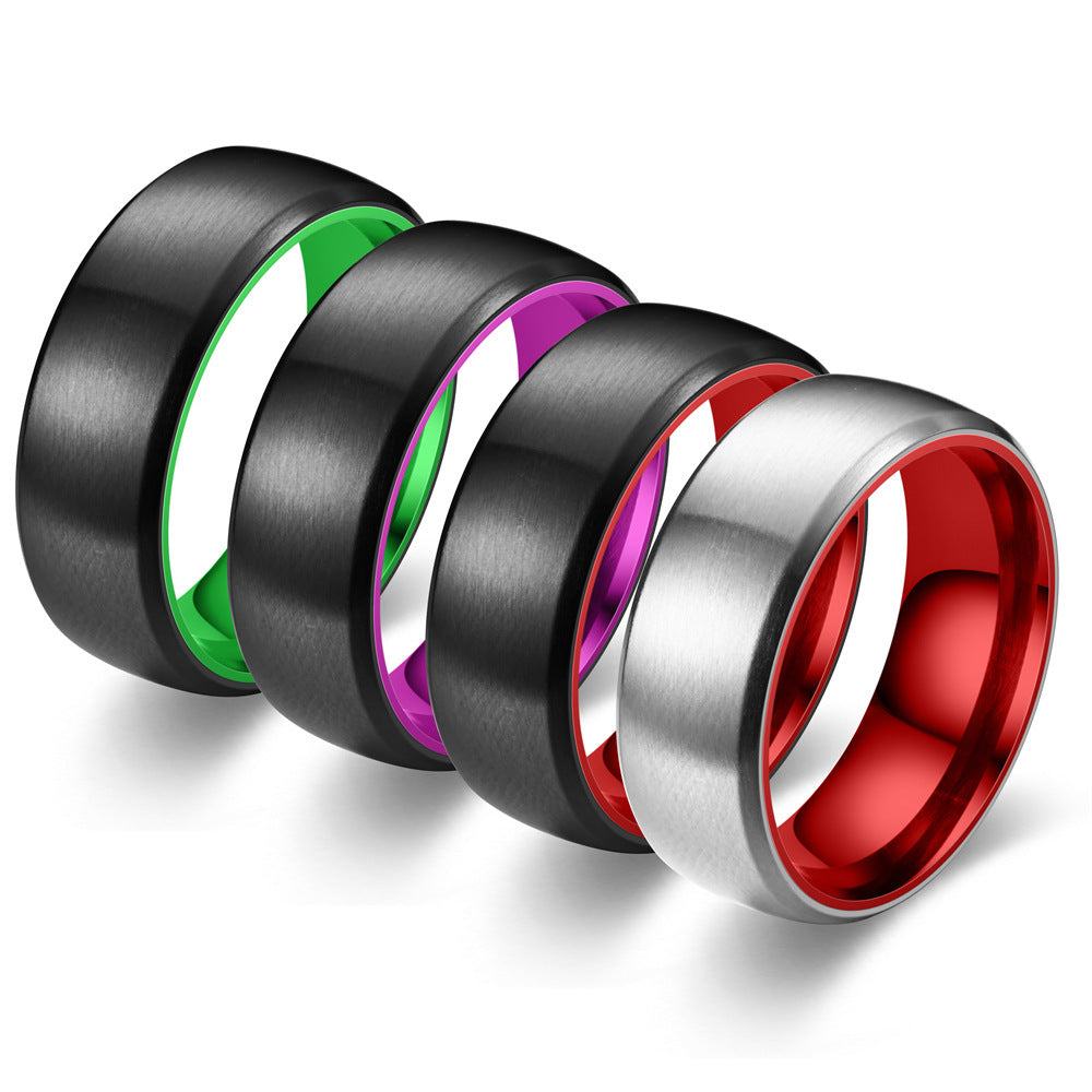 Two Tone Matte Ring Unisex Stainless Steel 8mm Color Red Black Green Purple for Couples Everyday Wear Gift Idea