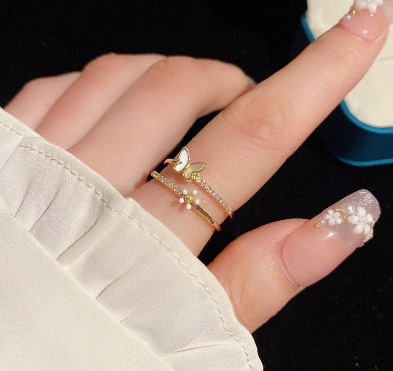 Women Double Layered Butterfly Ring With Diamond Accent Gold Plated Copper Jewelry Gleaming Daily Wear Jewelry