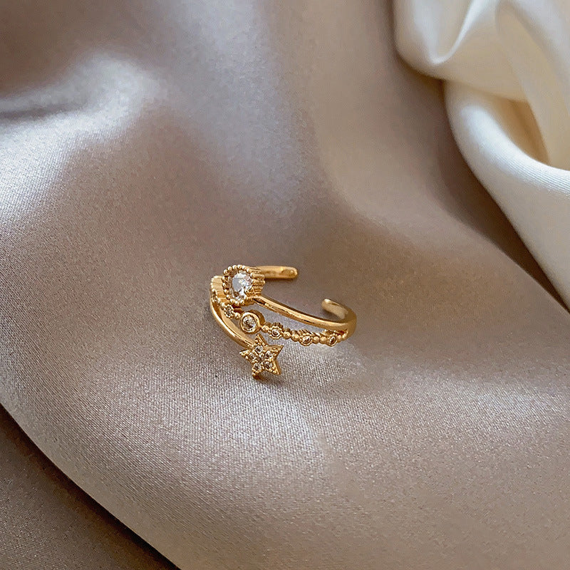 Womens Alloy Ring Diamond Inlaid Love Star Design Adjustable Opening Korean Fashion Jewelry Exquisite Style Everyday