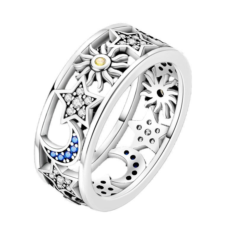 Silver Plated Sun Moon Stars Ring Women Celestial Design Elegant Fashion Jewelry Gift Sizes 7 8 9 Gift For Her