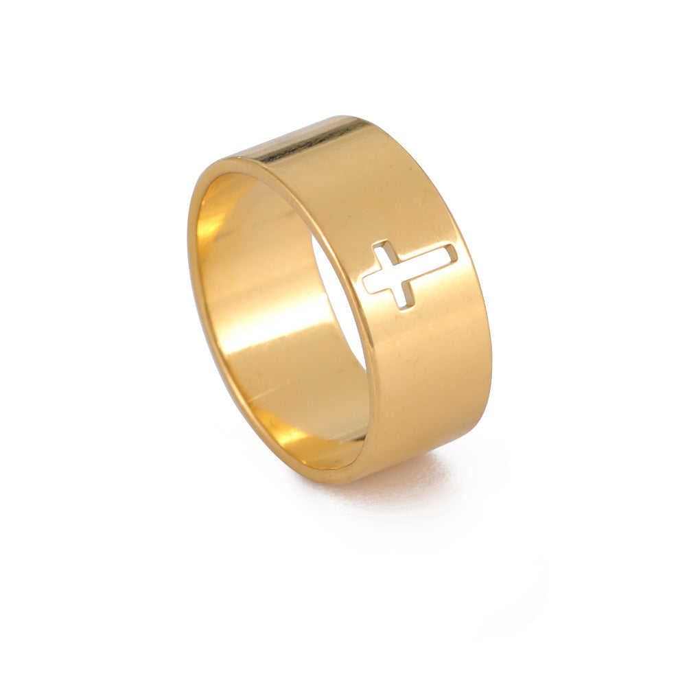 Unisex Hollow Cross Stainless Steel Ring Electroplated