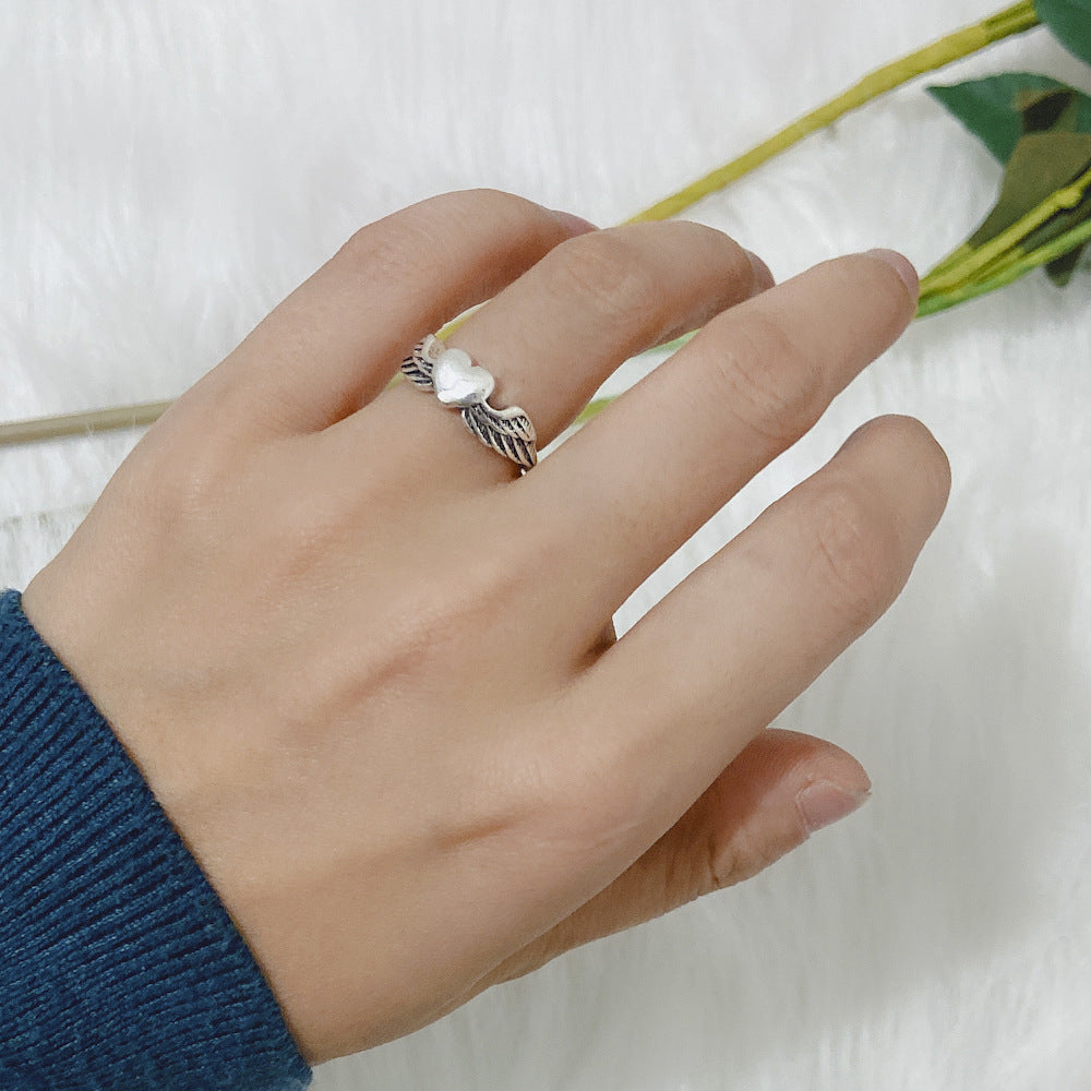 Unisex Heart Angel Wings Ring Adjustable OpeningSize Electroplated Alloy Geometric Ring Silver European Fashion
