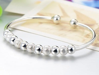 Women Silver Pearl Bracelet Korean Design U Shaped Bangle Nine Turn Bead Lucky Plated Sterling For Daily Wears