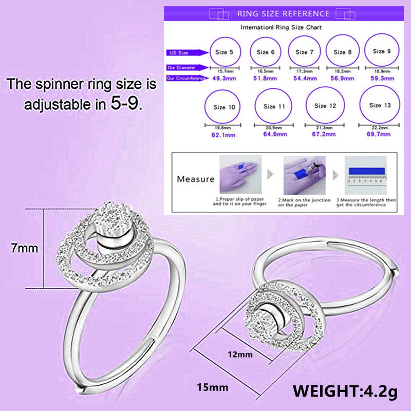 Womens Double Ring Rotating Band Fashion Jewelry Anxiety Relief Ring Female Whirlwind Spinner Band Ring for Women Copper Ring European and American Jewelry