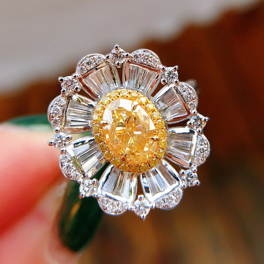 Yellow Diamond Blooming Flower Ring Copper With Sterling Silver Gem Inlay Adjustable Size Jewelry For Women Everyday