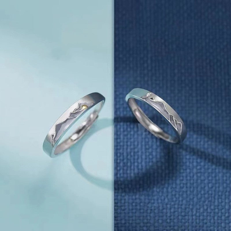 Couple Ring Set Mountain Shaped Matching Bands For Him And Her Sunrise Moon Antithetical Drop Design For Pairs