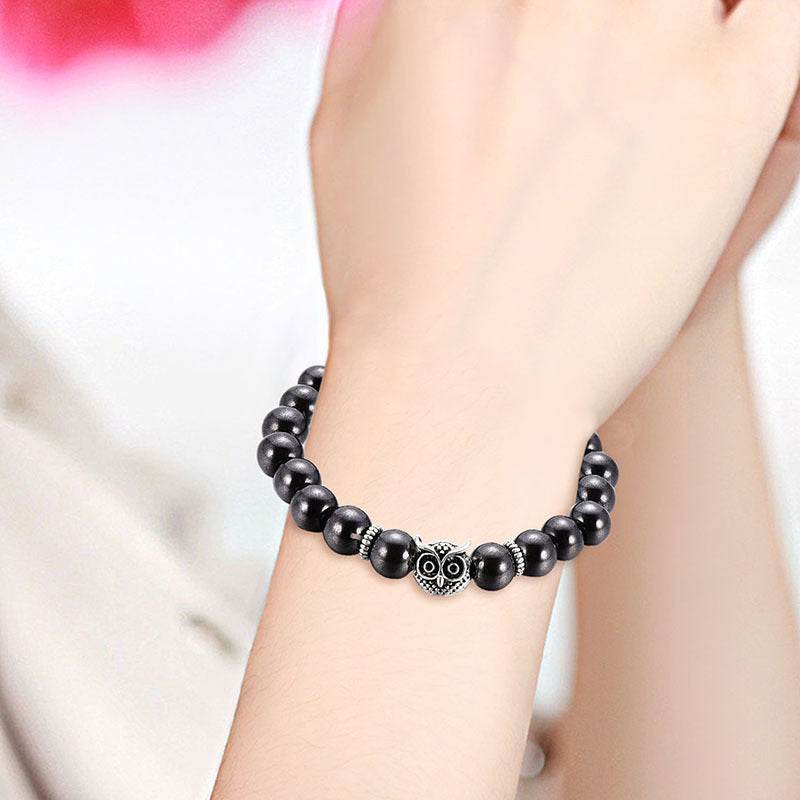 Unisex Magnetic Bracelet With Round Black Owl Design Animal Zodiac Fashion Bangle Jewelry For Daily Wear Vibe