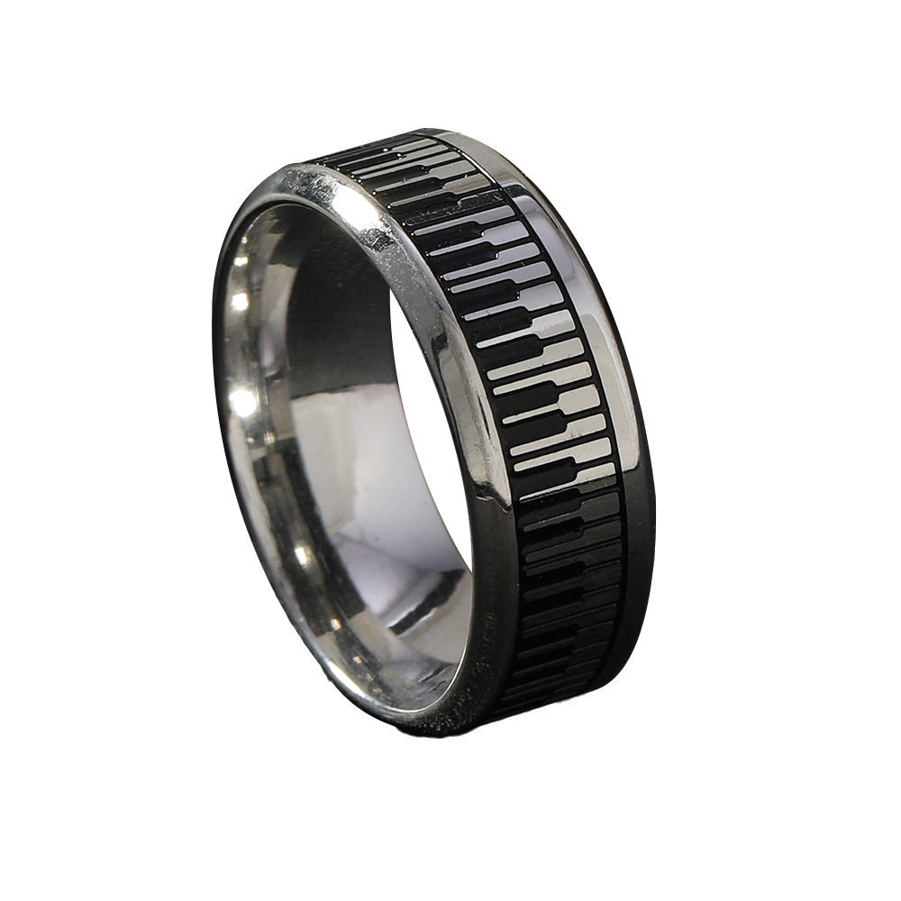 Mens Stainless Steel Ring With Black And White Piano Keys Design Electroplated Geometric Round Elements Jewelry