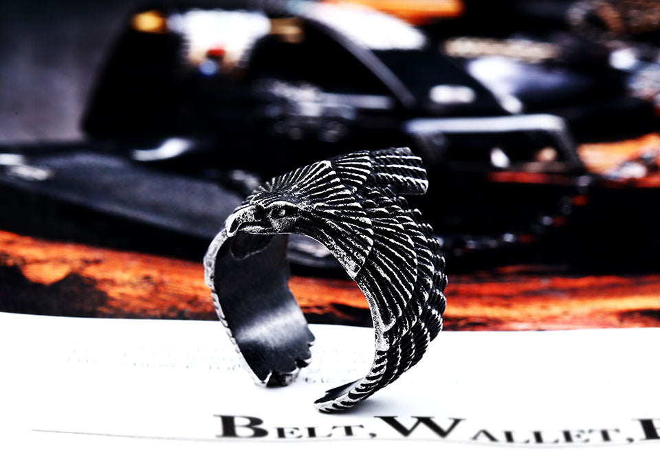 Mens Eagle Ring Titanium Steel Plated Bold Fashion Jewelry Durable Statement Band Unique Design Versatile Accessory