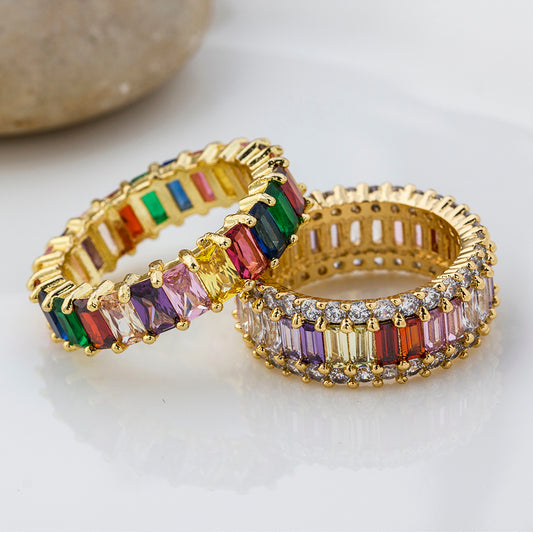 Gold Plated Copper Rings Rainbow Cubic Zirconia Dainty Elegant Women Fashion Jewelry Sparkle For Everyday Wear