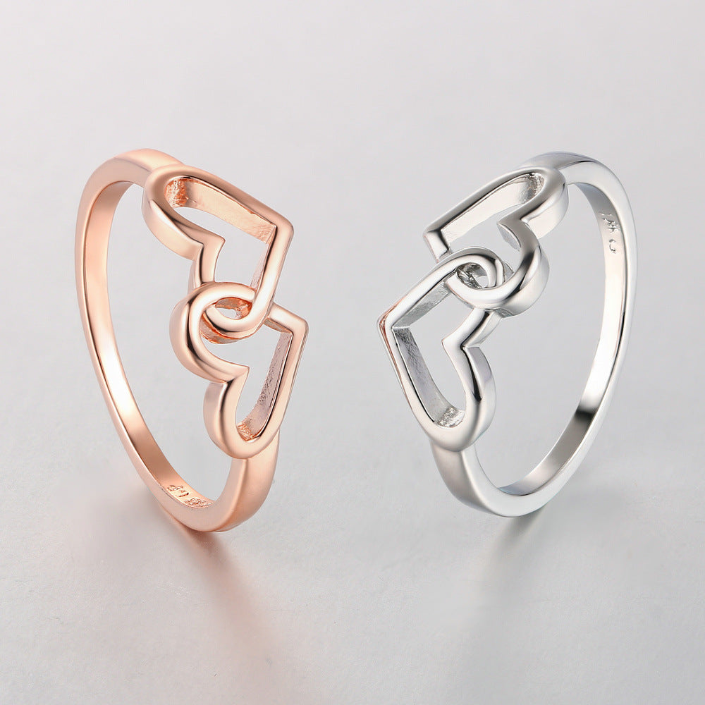 Double Heart Ring Platinum Plated Copper Inlaid Zircon Korean Fashion Jewelry Unisex Anniversary Ring Ring Ring