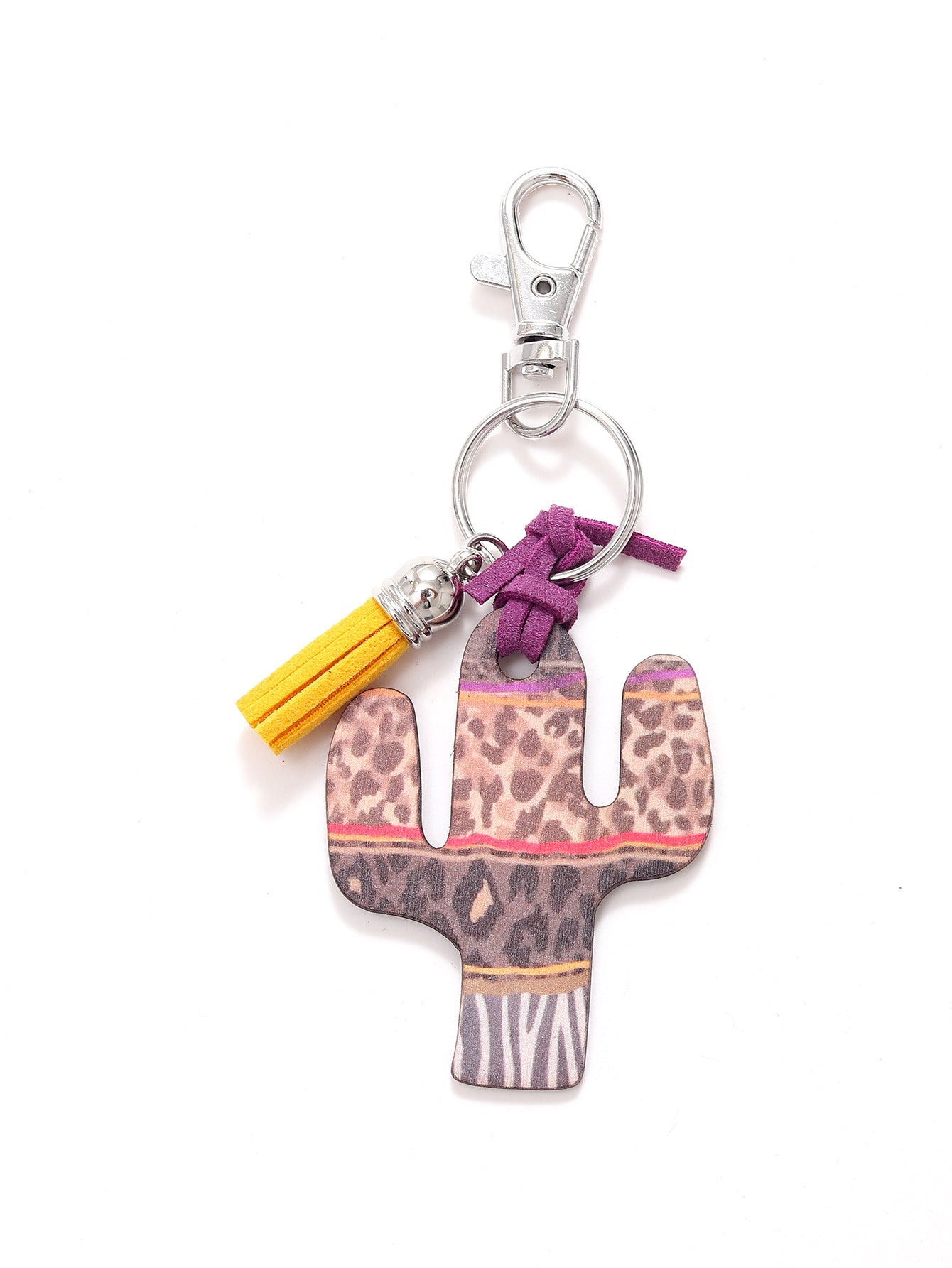 Gray Wooden Keychain Cactus Design With Leopard Flower Accent Durable Key Ring For Women And Girls Pretty Gift