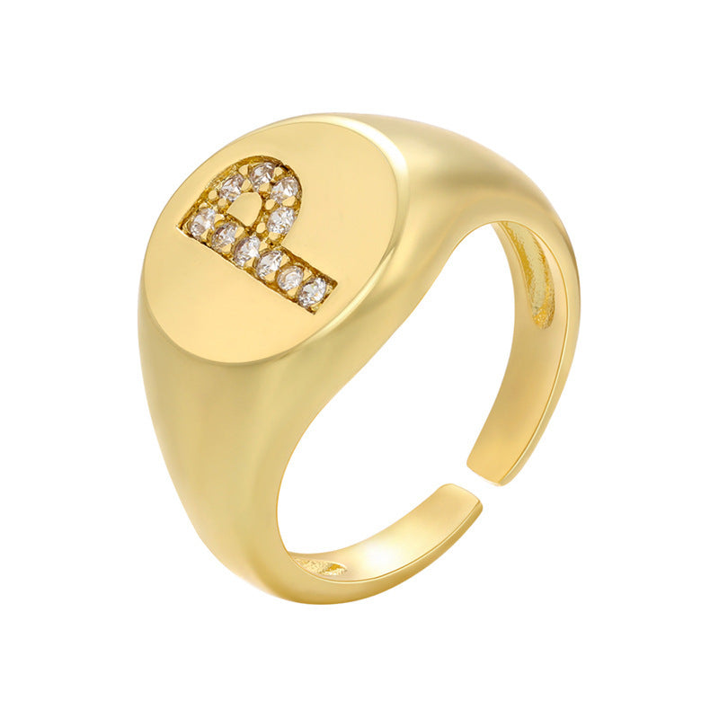 Women Adjustable Initial Ring Wide Band Gold Tone Diamond Accent Personalized Alphabet Jewelry Gift Daily Wear