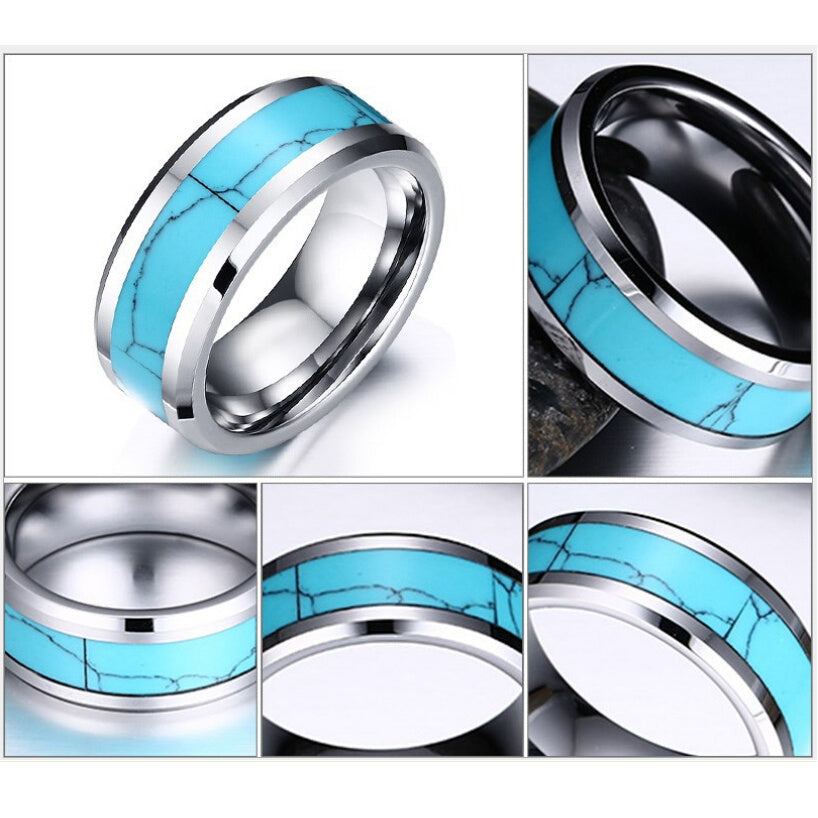 Mens Tungsten Carbide Ring With Blue Stone Inlay 8mm Wedding Band Engagement Vintage Jewelry For Men Classic Style
