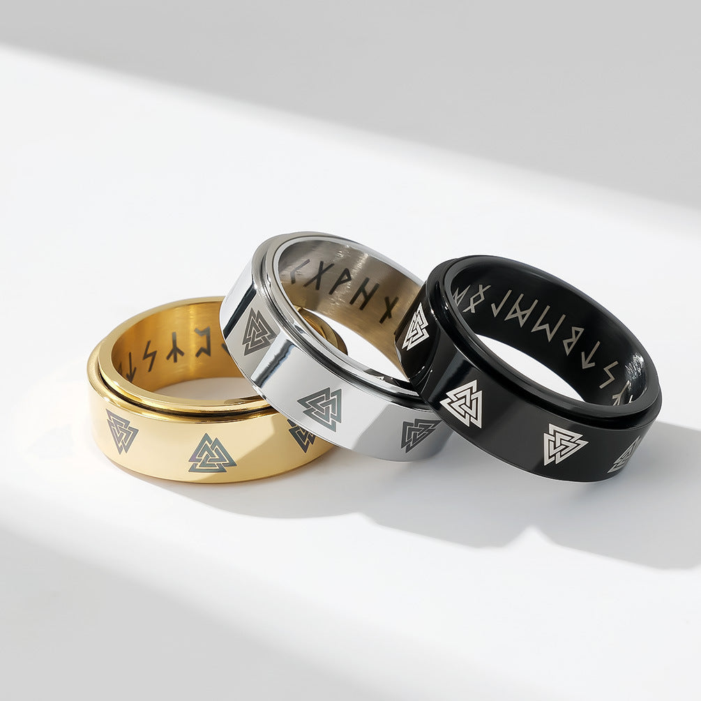 Mens Rotating Text Ring Stainless Steel With Viking Style Letters In Steel Gold Black Colors And Sizes 7 8 9 10 11 12