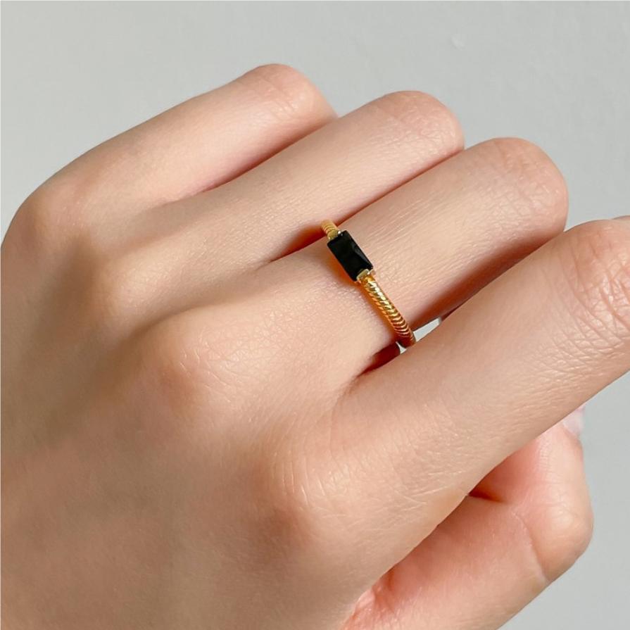 Geometric Square Black Zircon Ring 18K Gold Plated Silver Line Design Fashion Jewelry Statement Everyday Shine