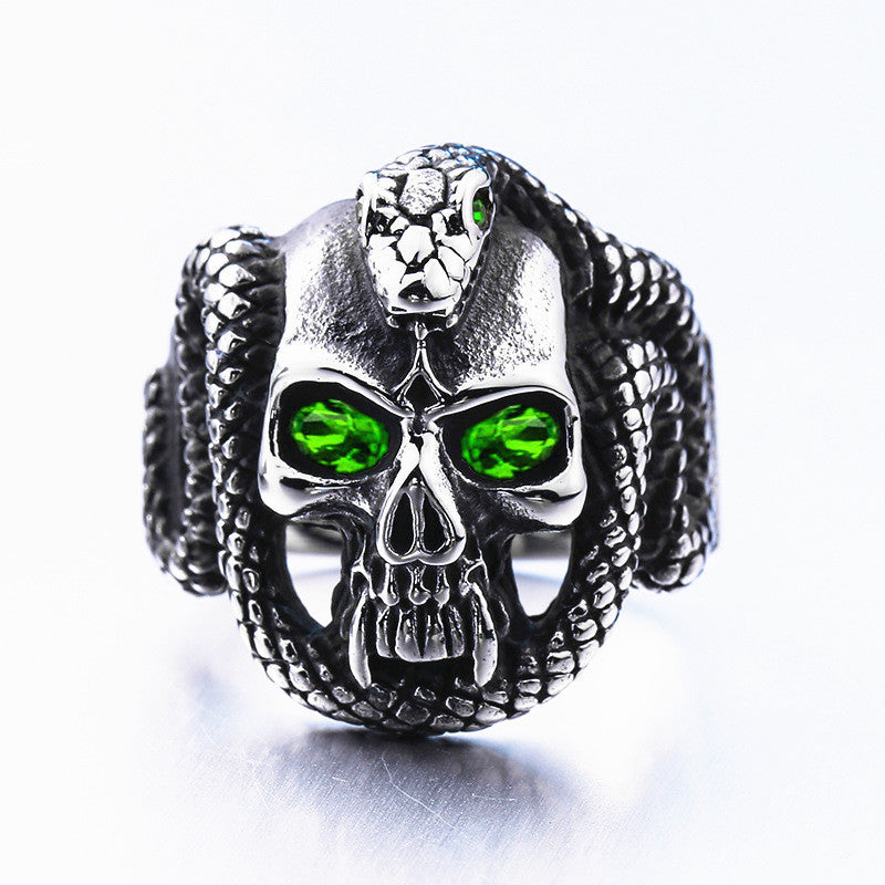 Men's Stainless Steel Skull Ring Demon Eyes Vampire Snake Design Diamond Accent Gothic Biker Statement Jewelry