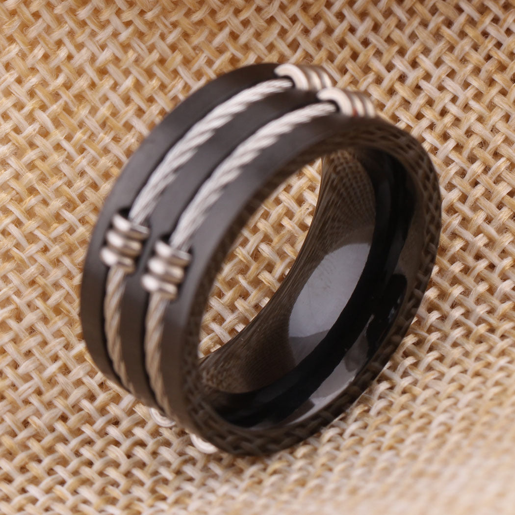 Men's Titanium Steel Ring Cable Rope Design Band Fashion Jewelry Black Ring for Him Mens Ring Gift Idea Tail Ring Unique Ring Design