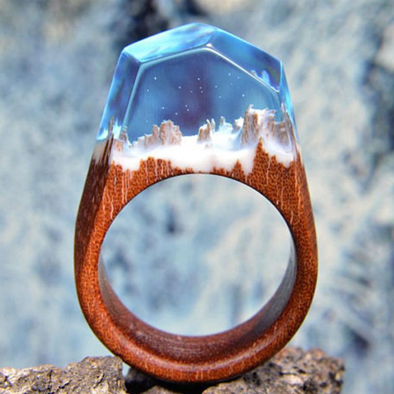 Unisex Wooden Ring Vintage Wood With Royal Deep Blue Resin Enchanted Forest Mountain Peak Design Birthday Gift