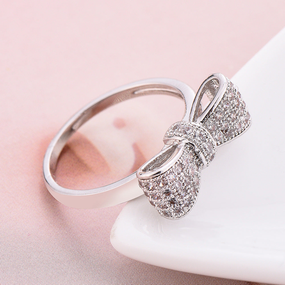 Bow Ring For Women Electroplated Platinum Copper Bowknot Ring With Zircon Inlay Fashion Jewelry Elegant Choice