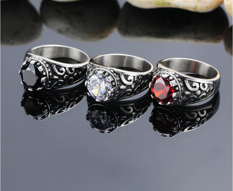 Mens Stainless Steel Ring With Gemstone Diamond Accent Geometric Design Titanium Band Jewelry Gift Anniversary